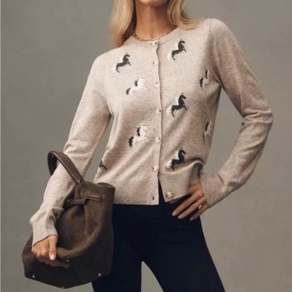 NWT Anthropologie Maeve Icon HORSE PONY Cardigan Sweater OATMEAL HEATHER XS
